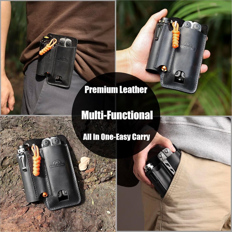 topstache Leather Multitool Sheath with Belt Clip - Leather Multitool Pouch for Belt - EDC Belt Organizer - Multitool Holster Fits Multitool, Flashlight, Pen - Leather Multitool Holder - Black - Image 2